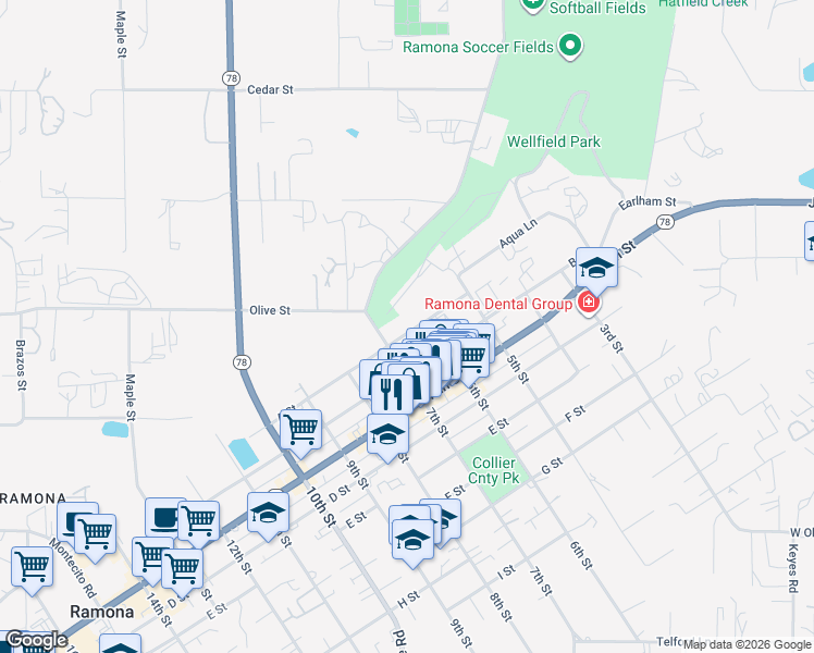 map of restaurants, bars, coffee shops, grocery stores, and more near 110 7th Street in Ramona