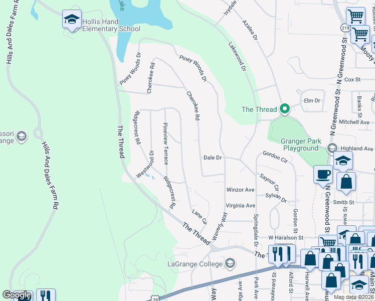 map of restaurants, bars, coffee shops, grocery stores, and more near 414 Ridgecrest Road in LaGrange
