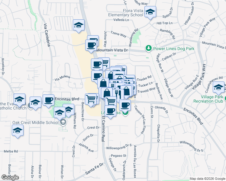 map of restaurants, bars, coffee shops, grocery stores, and more near 109 North El Camino Real in Encinitas