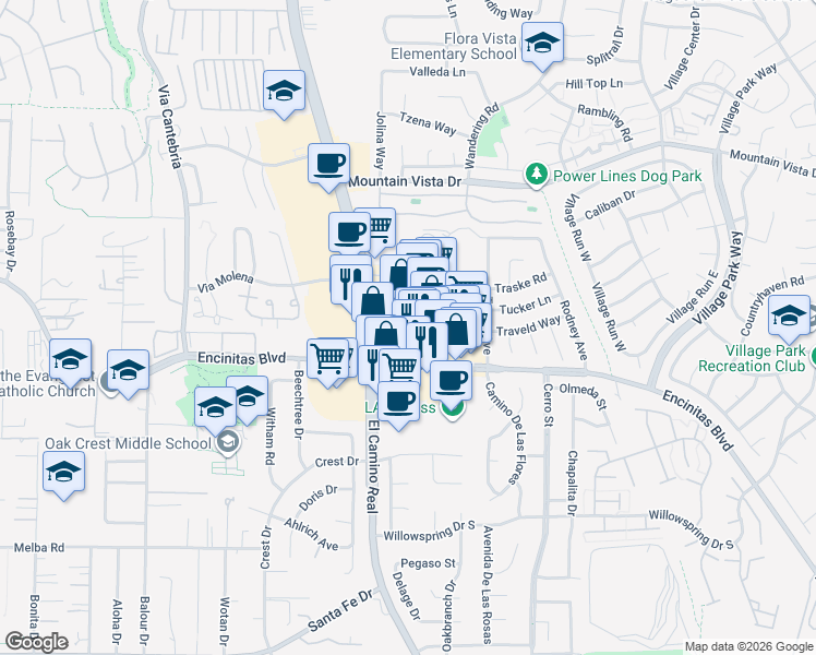 map of restaurants, bars, coffee shops, grocery stores, and more near 109 North El Camino Real in Encinitas
