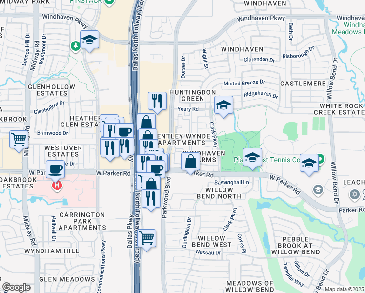 map of restaurants, bars, coffee shops, grocery stores, and more near 5945 West Parker Road in Plano