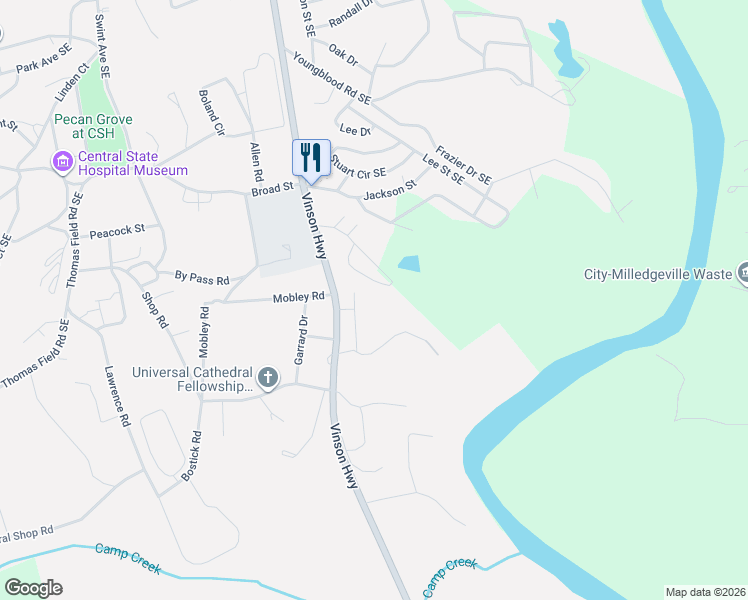 map of restaurants, bars, coffee shops, grocery stores, and more near 118 Youngblood Circle in Milledgeville