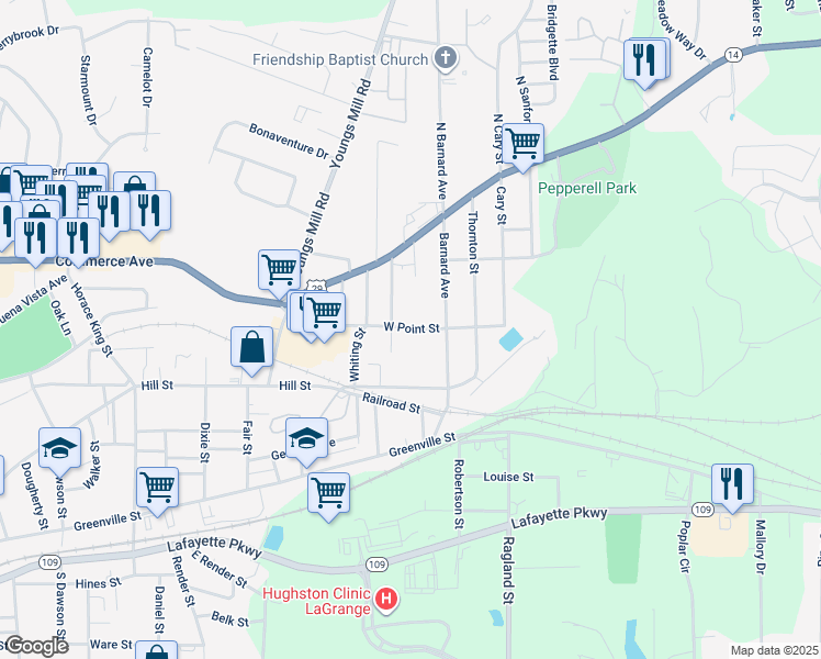 map of restaurants, bars, coffee shops, grocery stores, and more near West Point Street in LaGrange