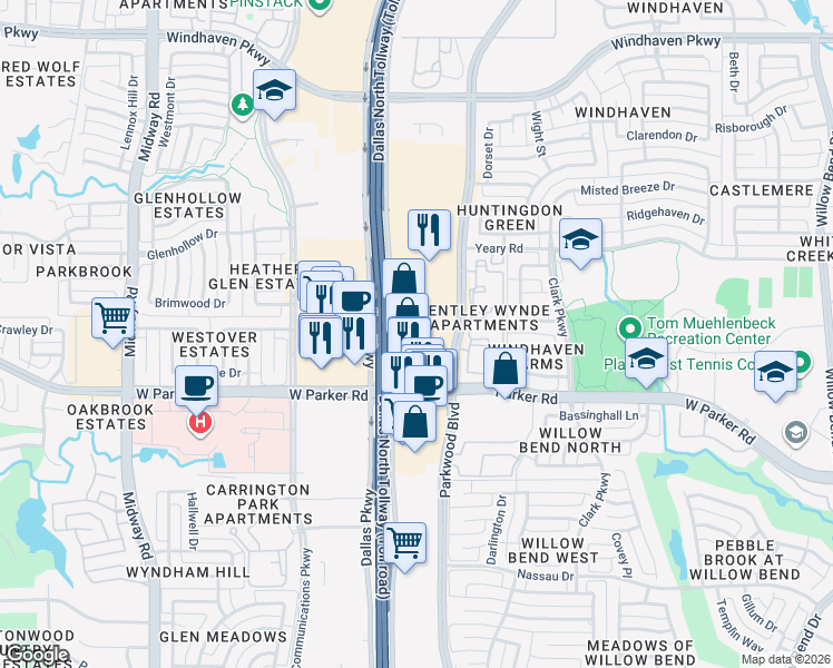map of restaurants, bars, coffee shops, grocery stores, and more near 5961 West Parker Road in Plano