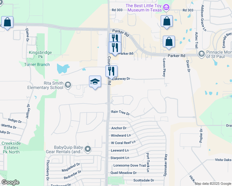 map of restaurants, bars, coffee shops, grocery stores, and more near 2210 Farm to Market Road 1378 in Wylie