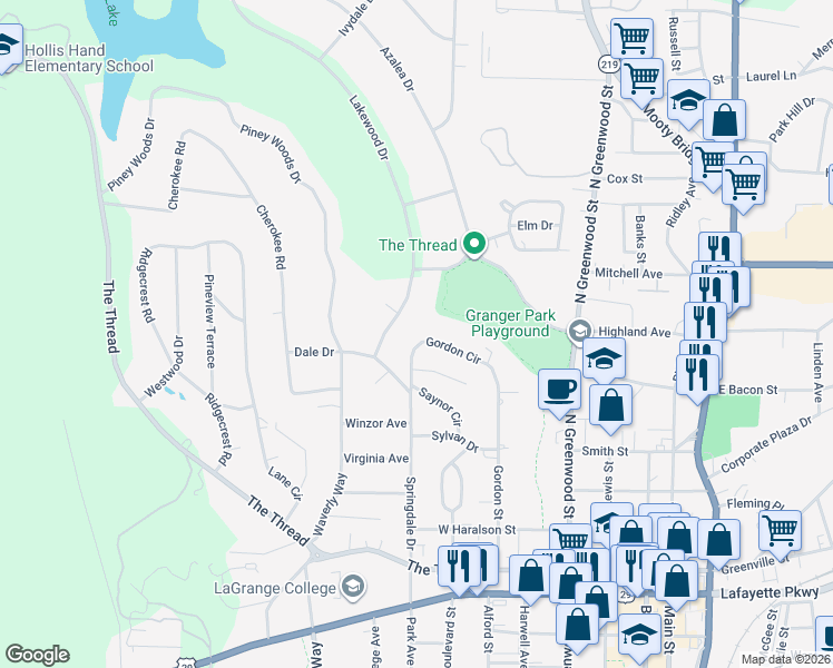 map of restaurants, bars, coffee shops, grocery stores, and more near 453 Gordon Circle in LaGrange
