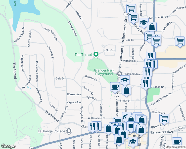map of restaurants, bars, coffee shops, grocery stores, and more near 441 Gordon Circle in LaGrange