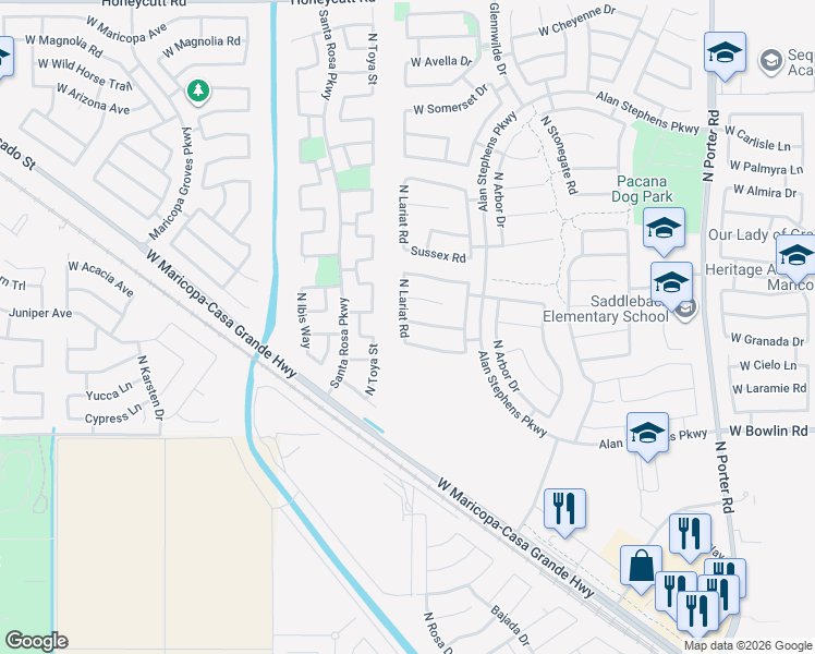 map of restaurants, bars, coffee shops, grocery stores, and more near 18370 North Lariat Road in Maricopa