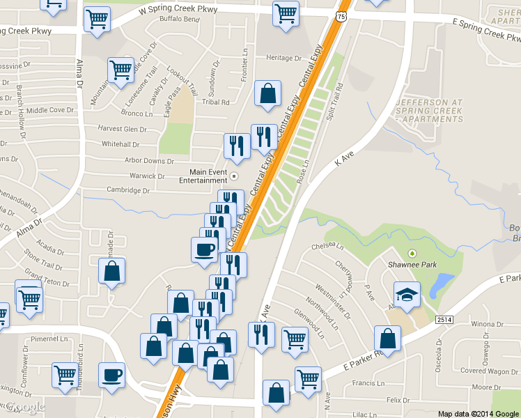 map of restaurants, bars, coffee shops, grocery stores, and more near 8 Rose Lane in Plano