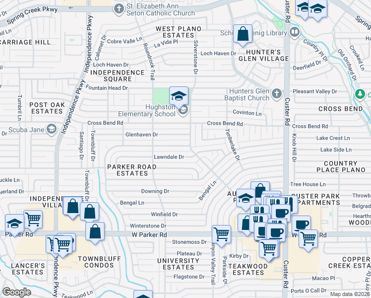 map of restaurants, bars, coffee shops, grocery stores, and more near 2508 Lawndale Drive in Plano