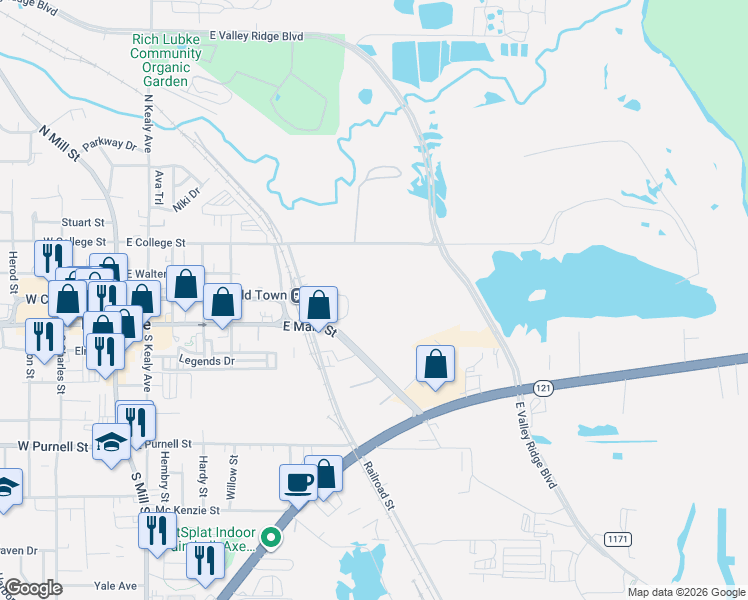 map of restaurants, bars, coffee shops, grocery stores, and more near 701 East Main Street in Lewisville