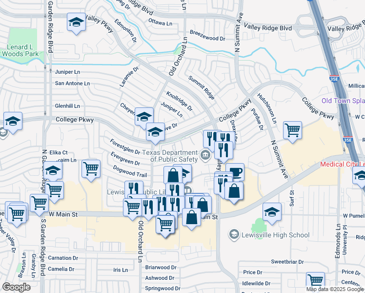 map of restaurants, bars, coffee shops, grocery stores, and more near 401 North Old Orchard Lane in Lewisville