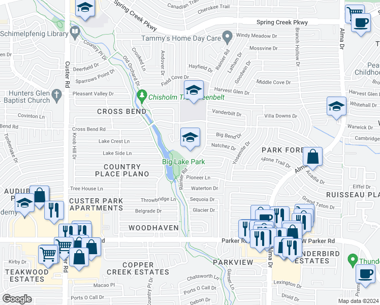 map of restaurants, bars, coffee shops, grocery stores, and more near 3801 Rainier Road in Plano