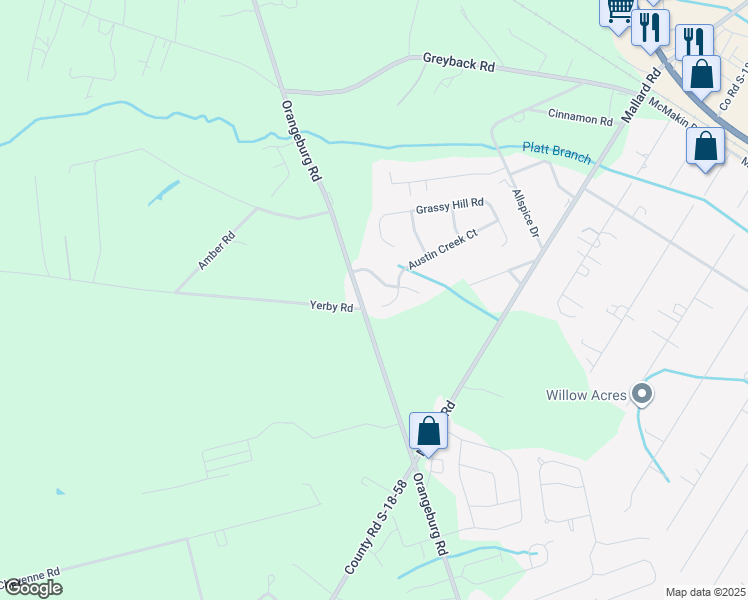 map of restaurants, bars, coffee shops, grocery stores, and more near 102 Yerby Road in Summerville