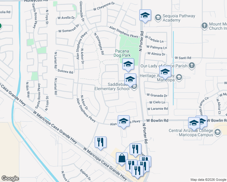 map of restaurants, bars, coffee shops, grocery stores, and more near 41820 West Granada Drive in Maricopa