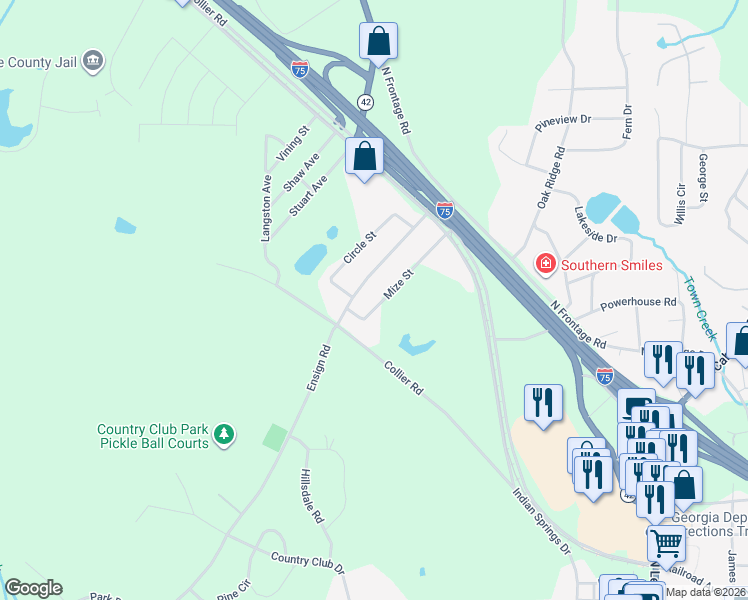 map of restaurants, bars, coffee shops, grocery stores, and more near 521 Collier Road in Forsyth
