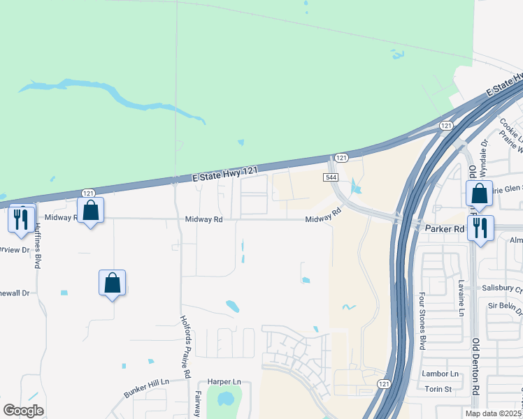 map of restaurants, bars, coffee shops, grocery stores, and more near 2019 Midway Road in Lewisville