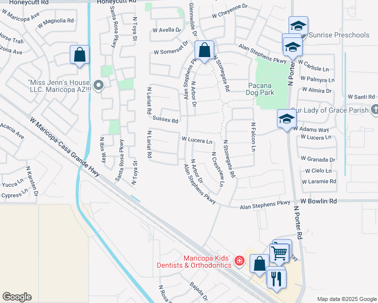 map of restaurants, bars, coffee shops, grocery stores, and more near 18357 North Ventana Lane in Maricopa
