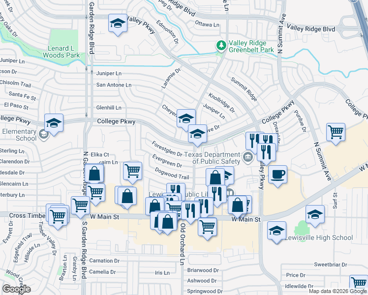 map of restaurants, bars, coffee shops, grocery stores, and more near 1332 College Parkway in Lewisville