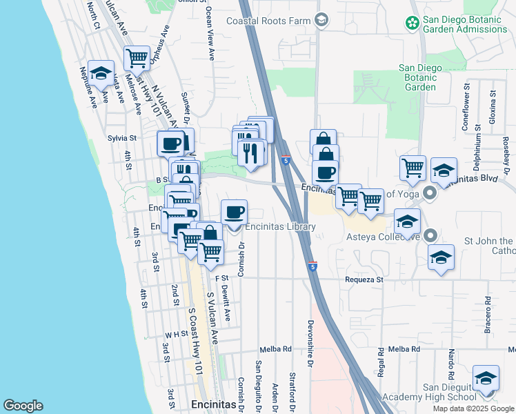 map of restaurants, bars, coffee shops, grocery stores, and more near 134 Triton Circle in Encinitas
