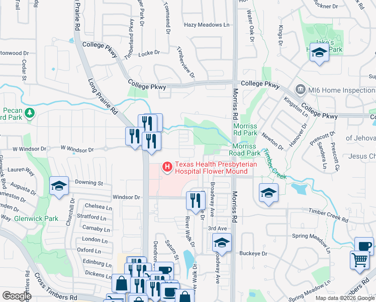 map of restaurants, bars, coffee shops, grocery stores, and more near 2417 Merriweather Lane in Flower Mound