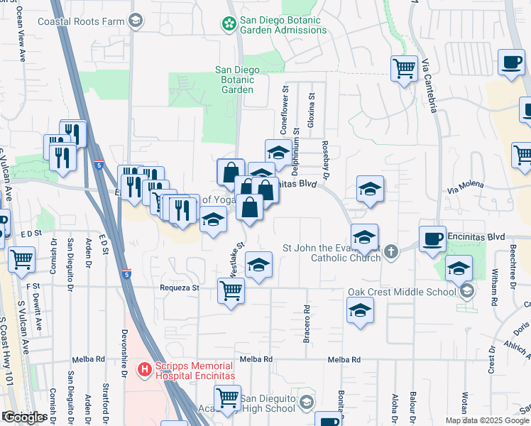 map of restaurants, bars, coffee shops, grocery stores, and more near 679 Encinitas Boulevard in Encinitas