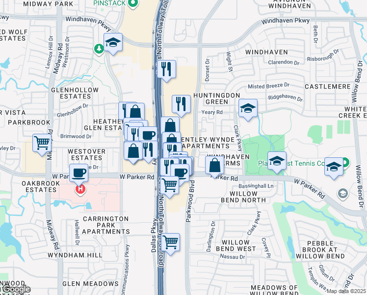 map of restaurants, bars, coffee shops, grocery stores, and more near 5961 West Parker Road in Plano