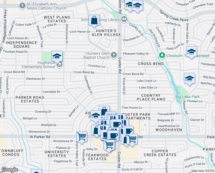 map of restaurants, bars, coffee shops, grocery stores, and more near 3800 Covinton Lane in Plano