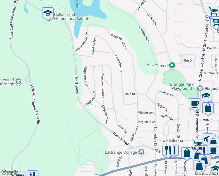 map of restaurants, bars, coffee shops, grocery stores, and more near 434 Pineview Terrace in LaGrange