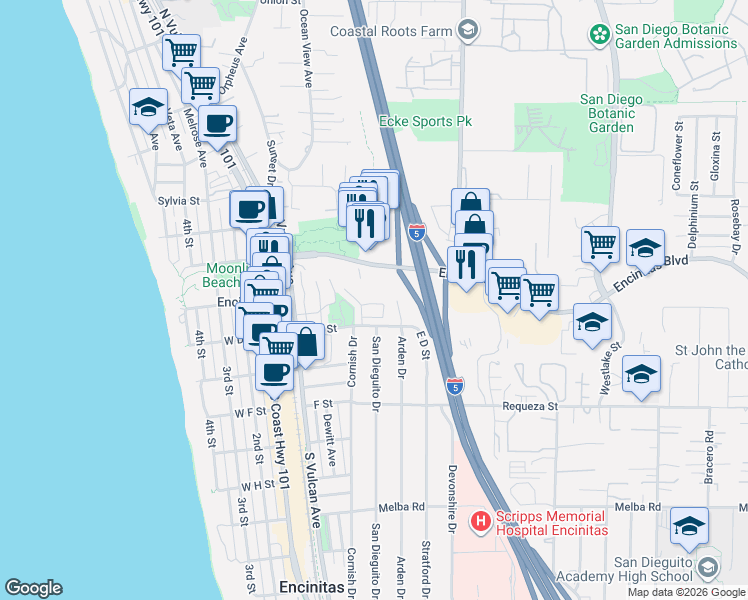 map of restaurants, bars, coffee shops, grocery stores, and more near 135 Encinitas Boulevard in Encinitas