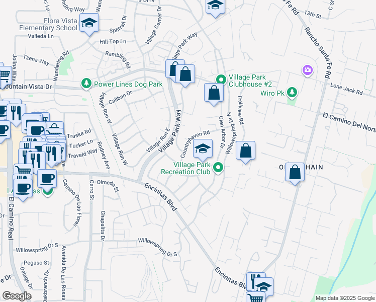 map of restaurants, bars, coffee shops, grocery stores, and more near 218 Countryhaven Road in Encinitas