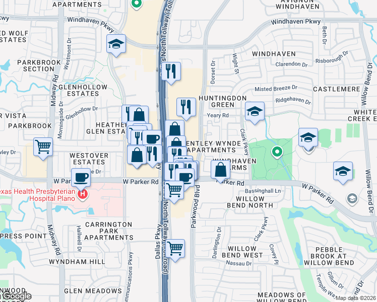 map of restaurants, bars, coffee shops, grocery stores, and more near 5961 West Parker Road in Plano