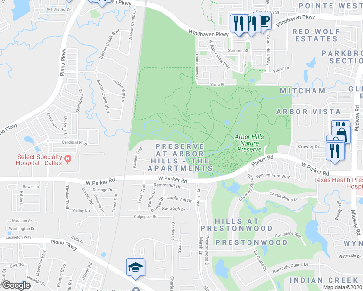 map of restaurants, bars, coffee shops, grocery stores, and more near Outer Loop Trail in Plano