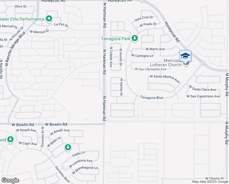 map of restaurants, bars, coffee shops, grocery stores, and more near 36553 West Santa Barbara Avenue in Maricopa