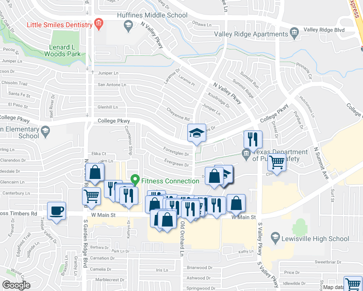 map of restaurants, bars, coffee shops, grocery stores, and more near 1342 College Parkway in Lewisville