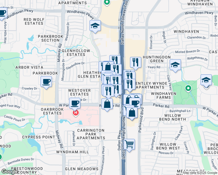 map of restaurants, bars, coffee shops, grocery stores, and more near 3305-3645 Dallas Parkway in Plano