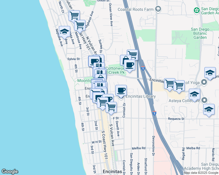 map of restaurants, bars, coffee shops, grocery stores, and more near 378 Playa Blanca in Encinitas