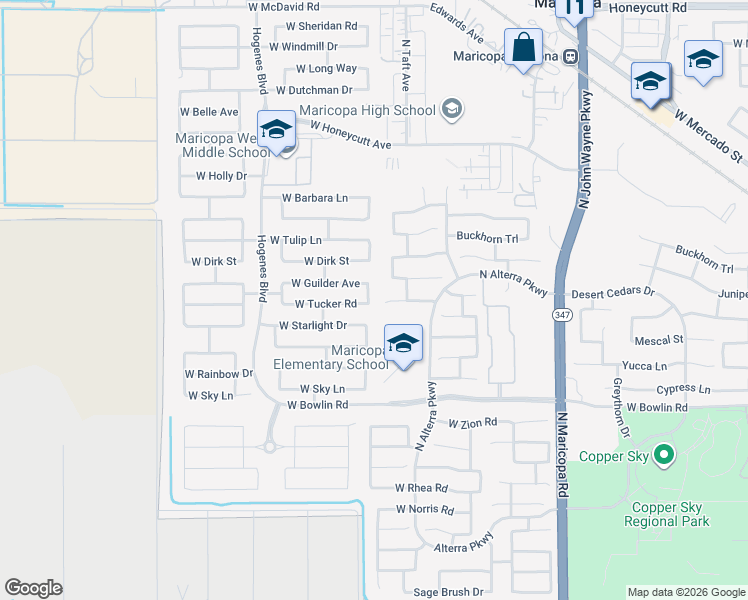 map of restaurants, bars, coffee shops, grocery stores, and more near 18443 Madison Road in Maricopa