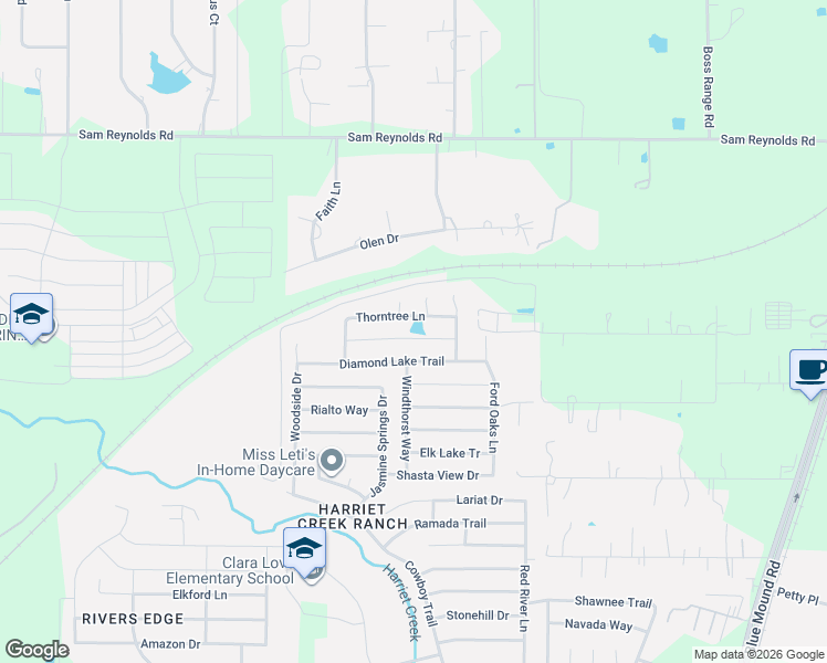 map of restaurants, bars, coffee shops, grocery stores, and more near 16904 Thorntree Lane in Justin