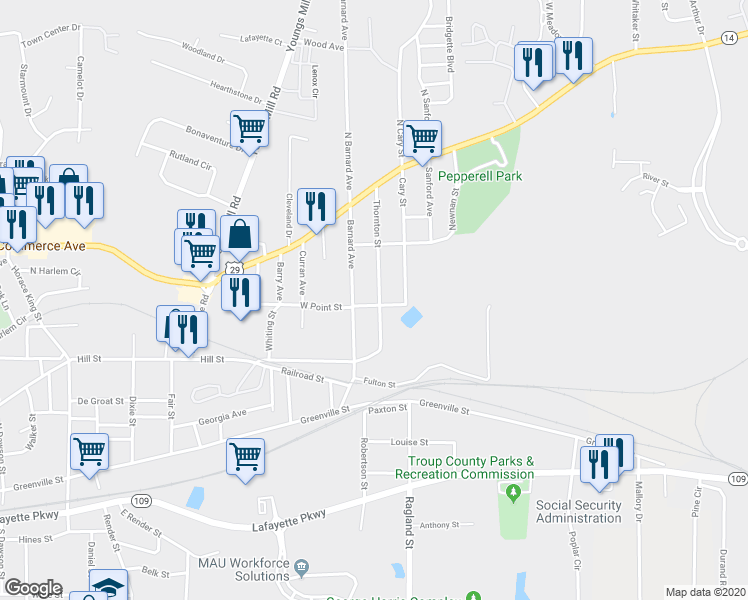 map of restaurants, bars, coffee shops, grocery stores, and more near 13 Thornton Street in LaGrange