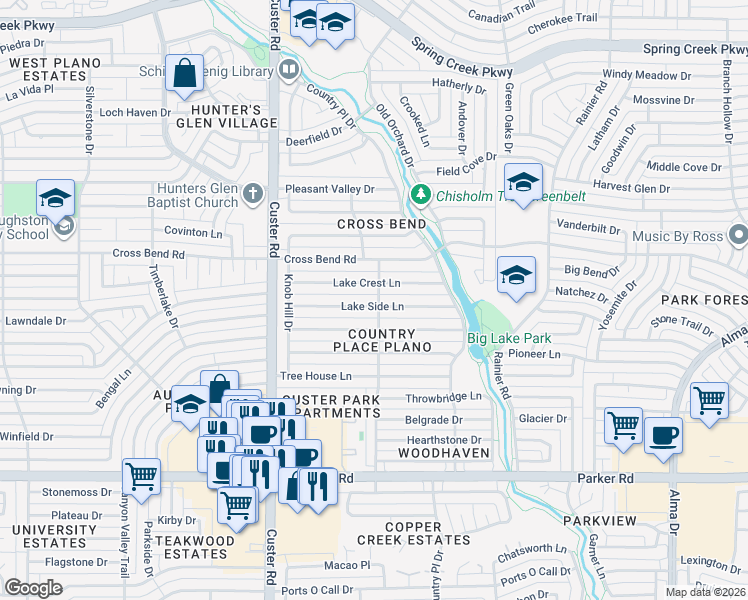 map of restaurants, bars, coffee shops, grocery stores, and more near 1801 Lake Crest Lane in Plano