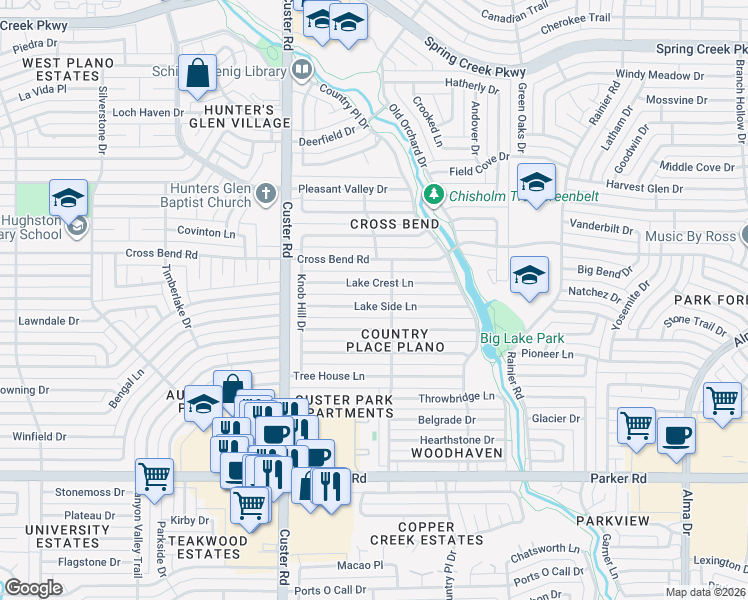 map of restaurants, bars, coffee shops, grocery stores, and more near 1801 Lake Crest Lane in Plano
