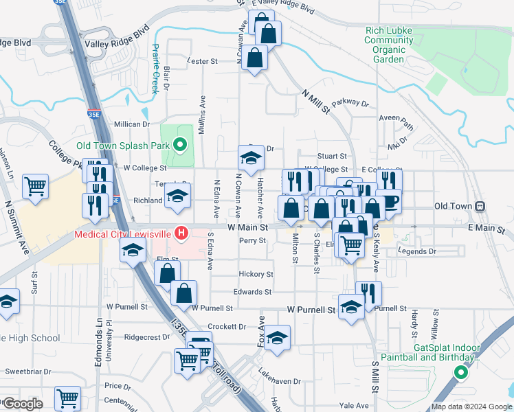 map of restaurants, bars, coffee shops, grocery stores, and more near 360 West Walters Street in Lewisville
