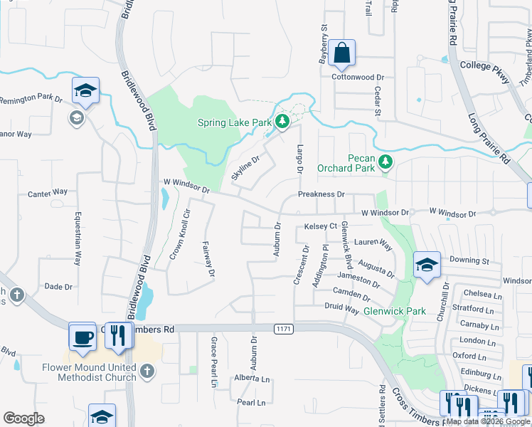 map of restaurants, bars, coffee shops, grocery stores, and more near 3617 Gallop Court in Flower Mound