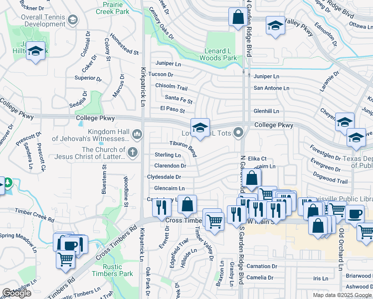 map of restaurants, bars, coffee shops, grocery stores, and more near 585 Julia Court in Lewisville