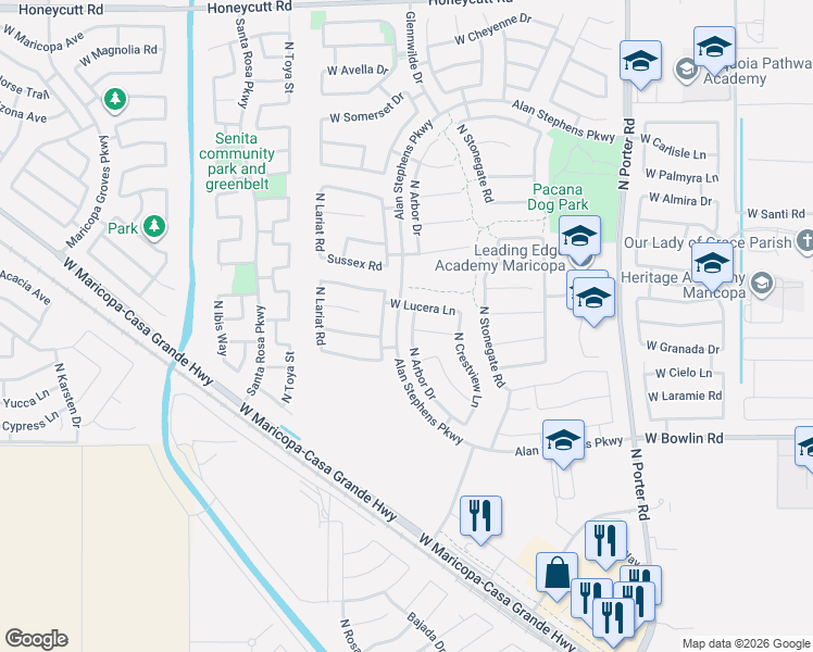 map of restaurants, bars, coffee shops, grocery stores, and more near 18462 North Arbor Drive in Maricopa