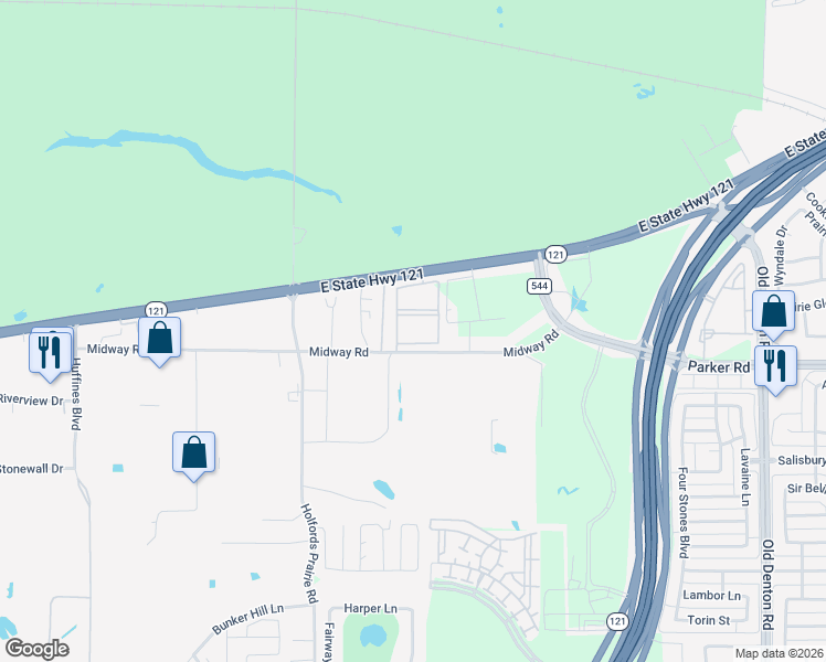 map of restaurants, bars, coffee shops, grocery stores, and more near 2019 Midway Road in Lewisville