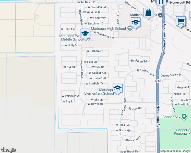 map of restaurants, bars, coffee shops, grocery stores, and more near 45688 Guilder Avenue in Maricopa