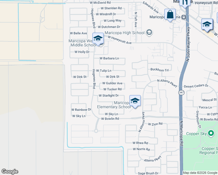 map of restaurants, bars, coffee shops, grocery stores, and more near 45680 W Tucker Rd in Maricopa