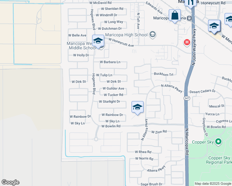 map of restaurants, bars, coffee shops, grocery stores, and more near 45598 West Tucker Road in Maricopa